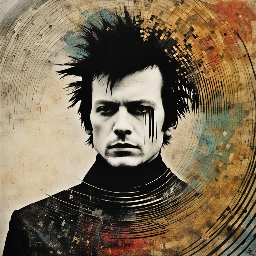 Punk Rock Portrait with Sound Waves in Aquatint Style