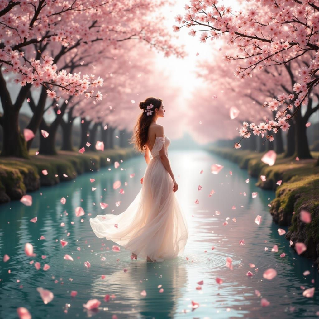 Crystalline Dreamscape: Woman Amidst Cherry Blossoms