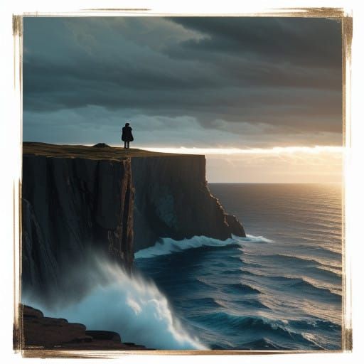 Epic Cliffside Figure in Stormy Seascape