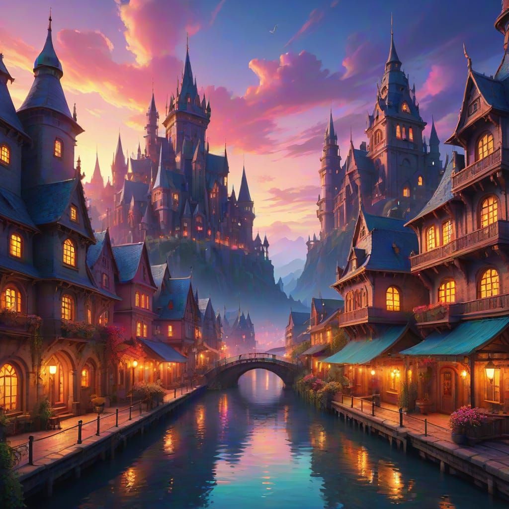 Dreamlike Twilight Cityscape in Vibrant Digital Art
