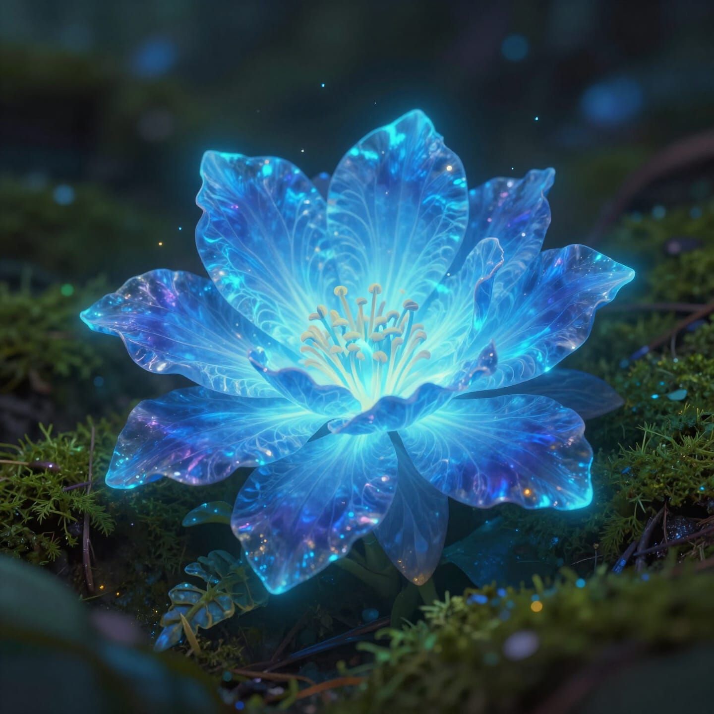 Ethereal Glowing Blue Flower with Bioluminescent Magic