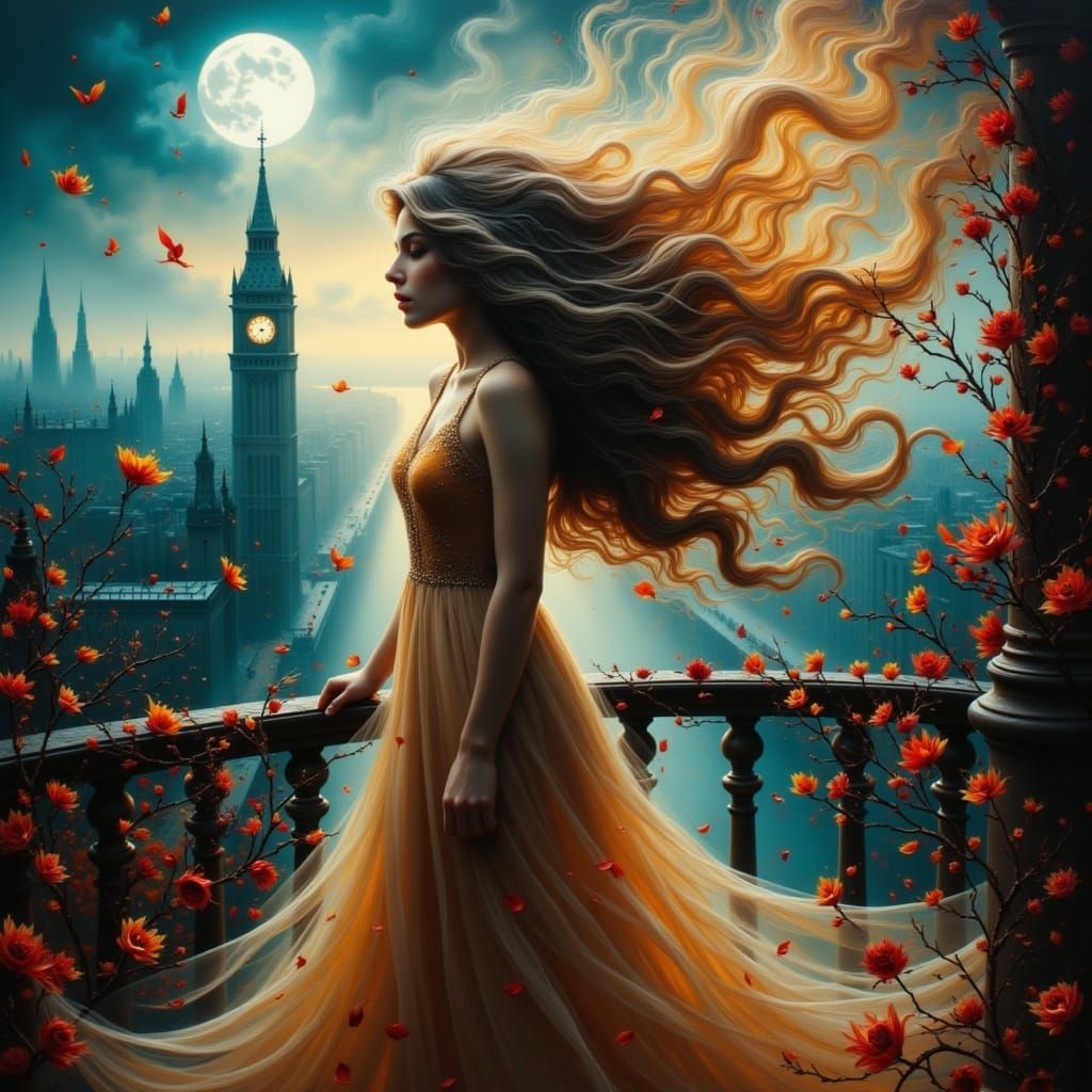 Surreal Woman on Renaissance Balcony in Smoky Fantasy Art St...