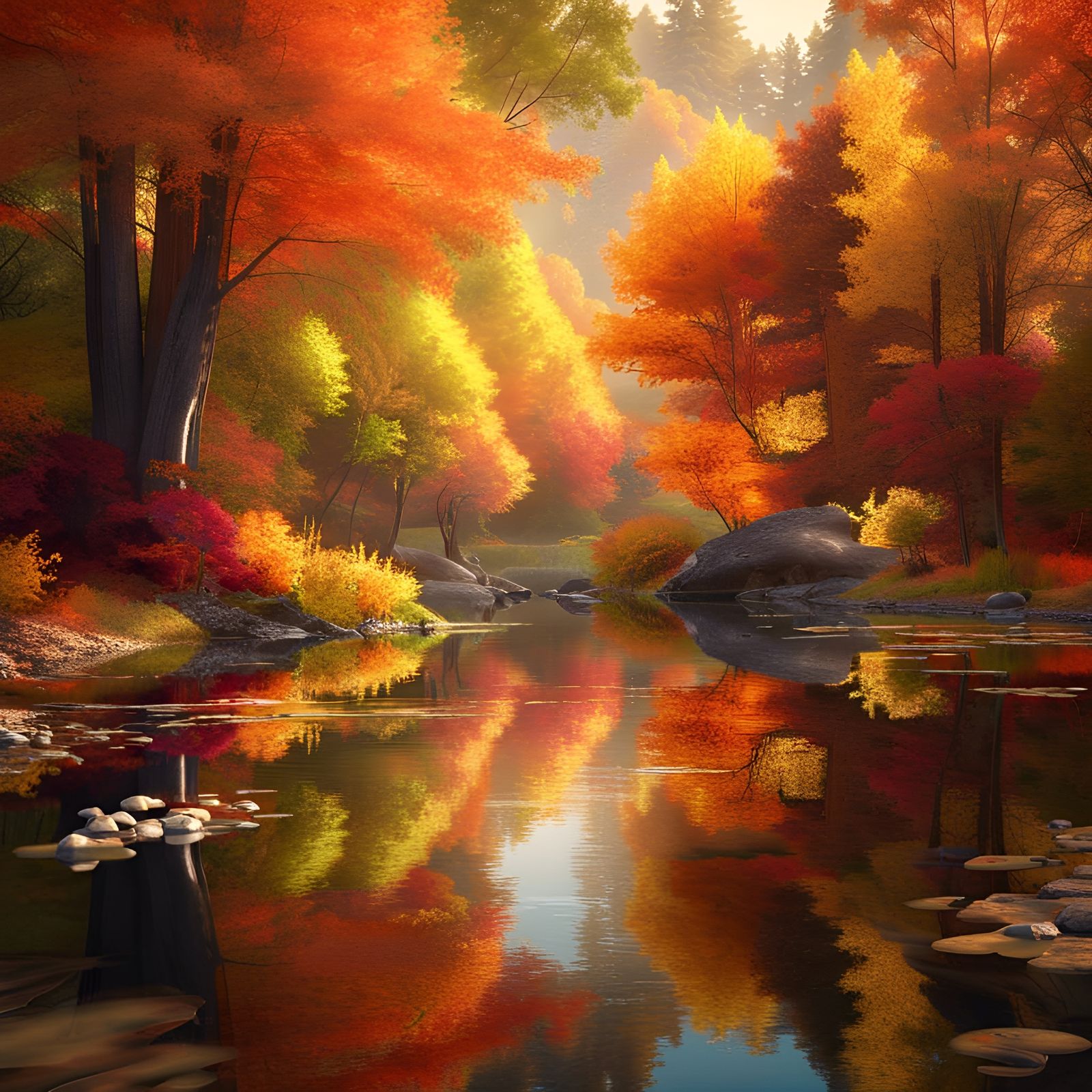 Autumn Forest Pond Reflects Radiant Woodland Scene