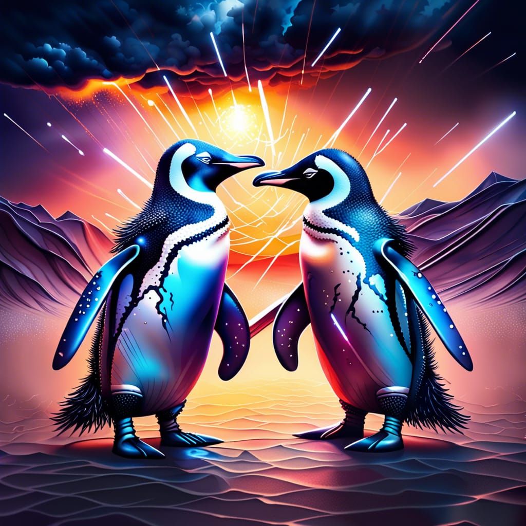 Penguin Fencing Match at Sunset, Hyperrealistic Splash Art