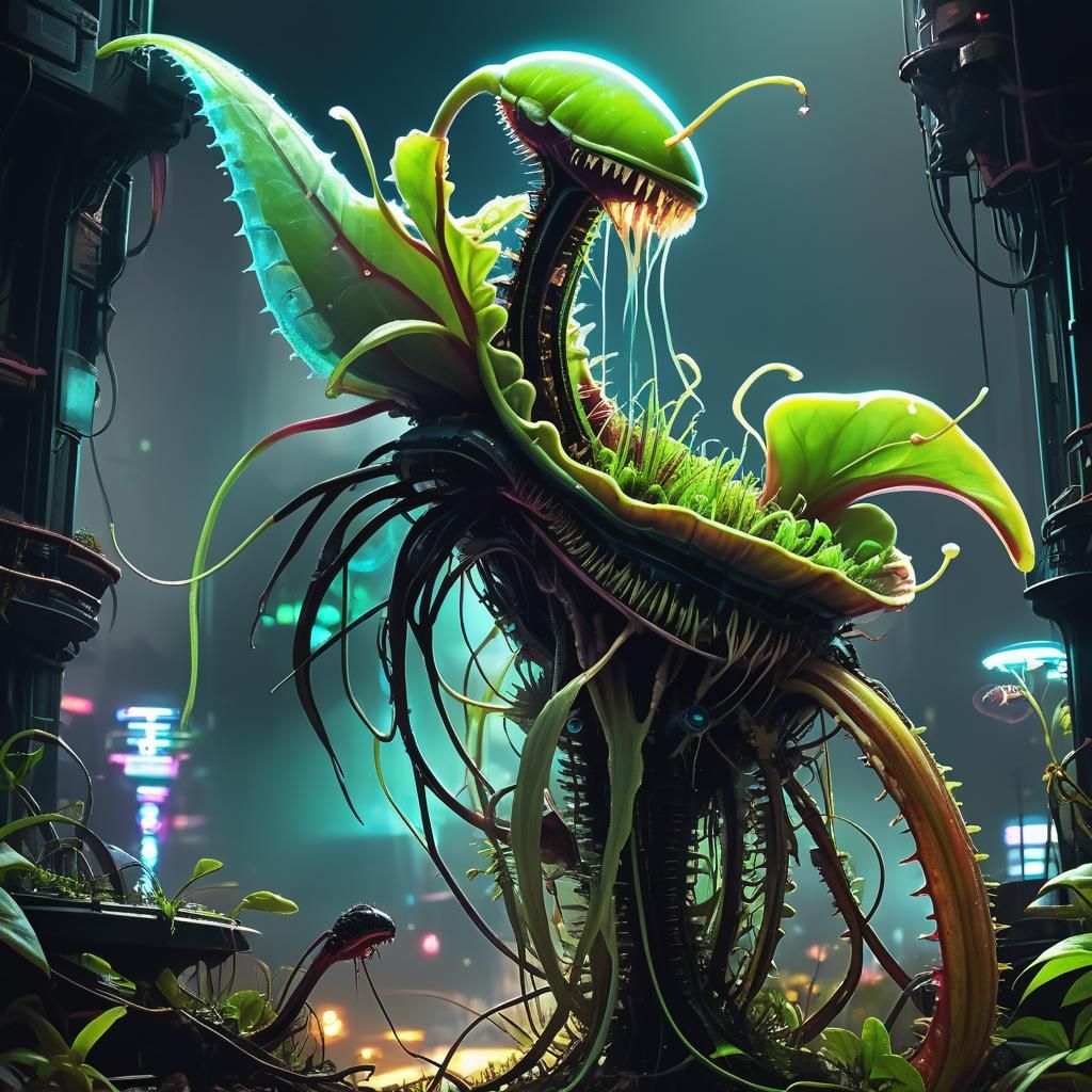 Bioluminescent Venus Flytrap in Cyberpunk Mindscape