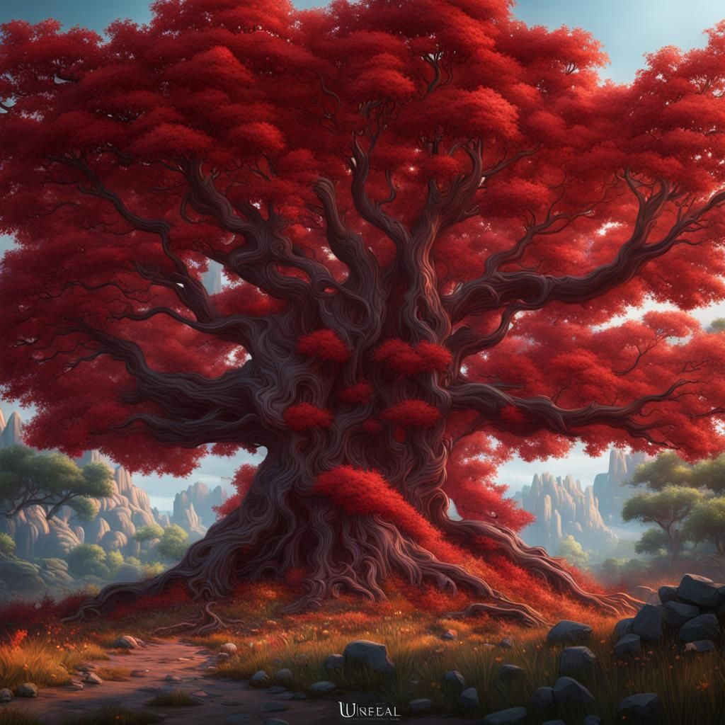 Fantastical Red Summer Tree: Detailed Matte Painting