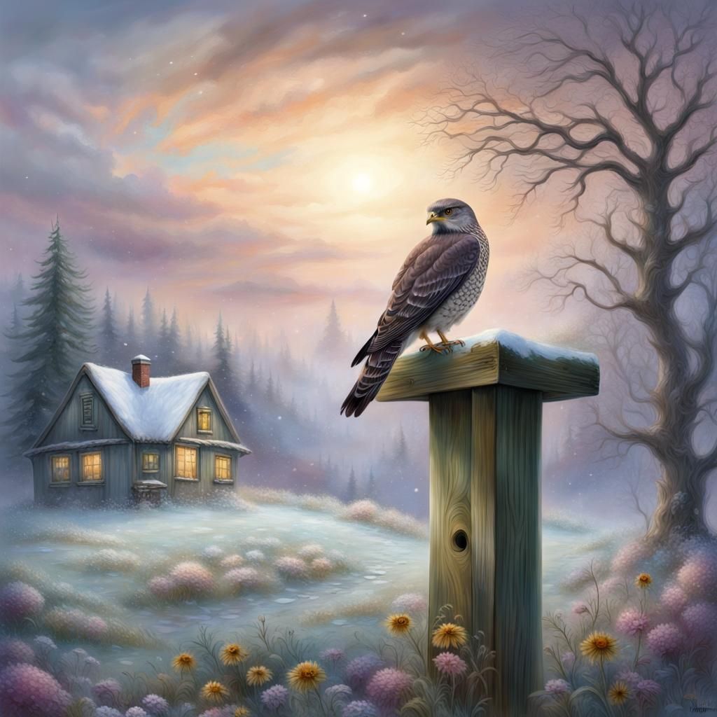 Sparrowhawk Portrait in Winter Meadow: Ethereal Illustration