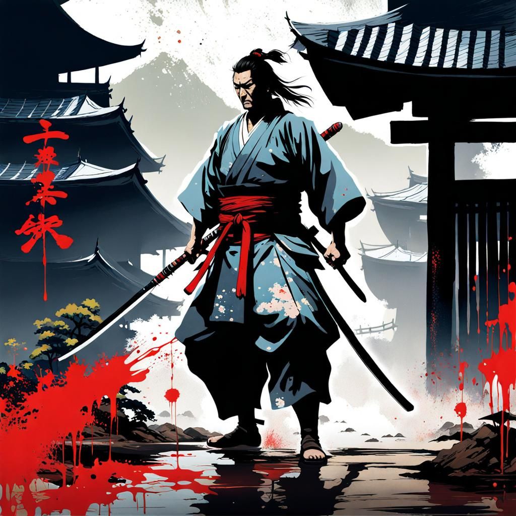 Samurai Katana Action in Yakuza Ink Style