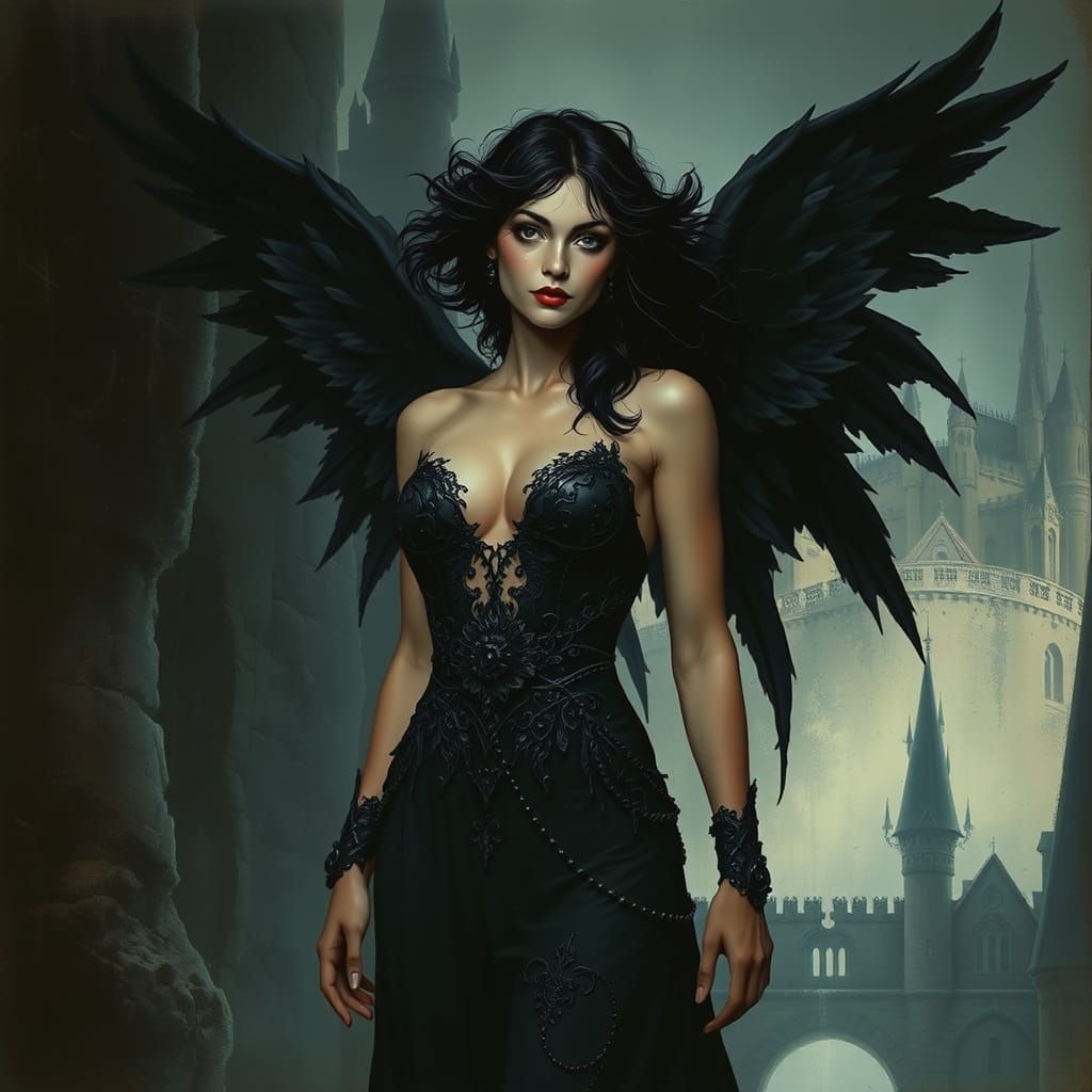 Raven-Haired Woman with Dark Wings in Gothic Castle