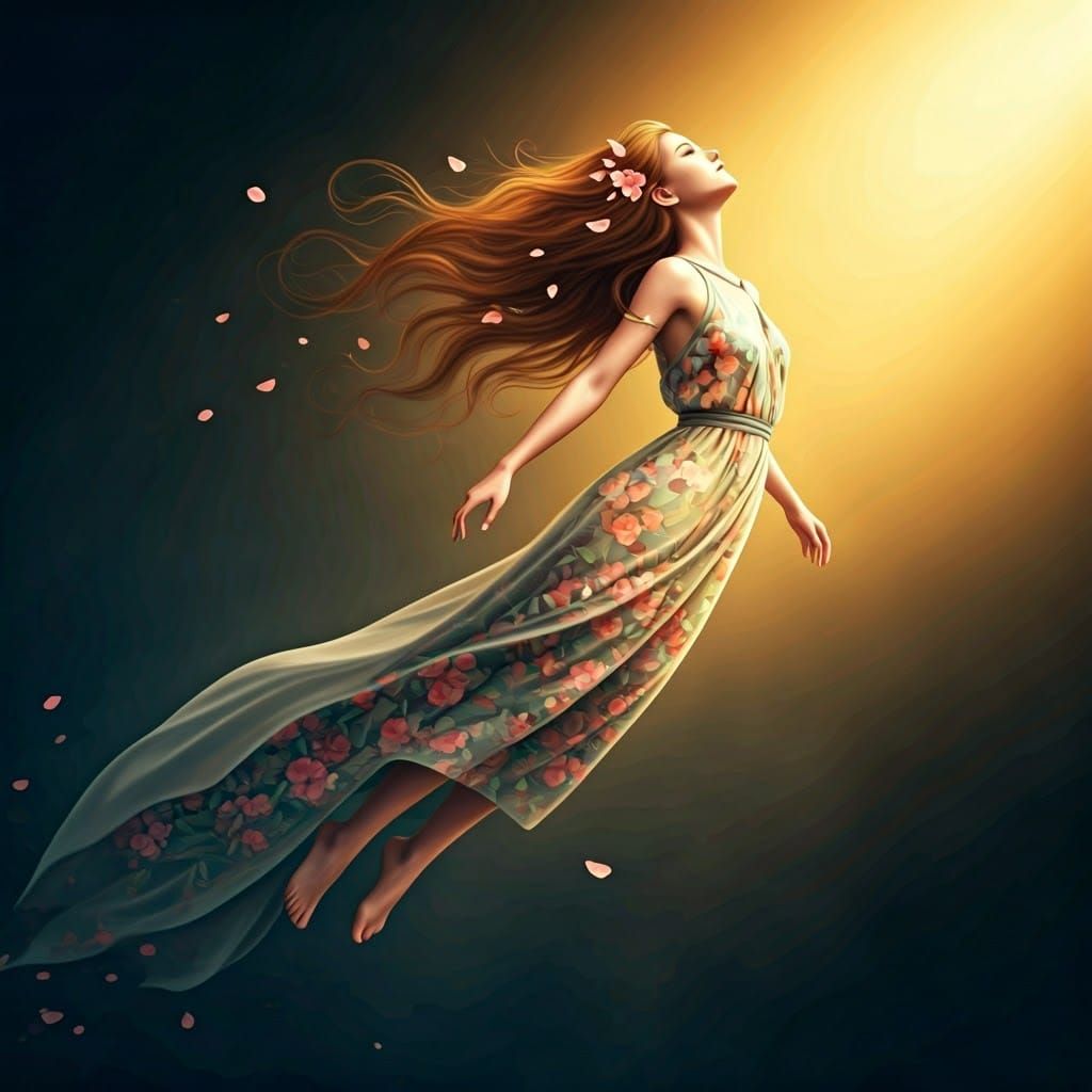 Ethereal Woman Ascending into Twilight Sky