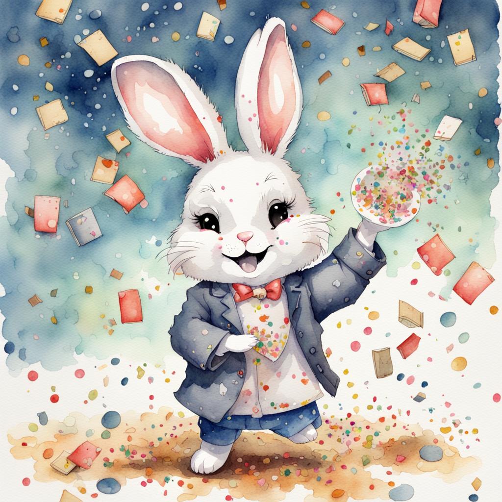Chibi Rabbit Celebrates with Confetti in Watercolor
