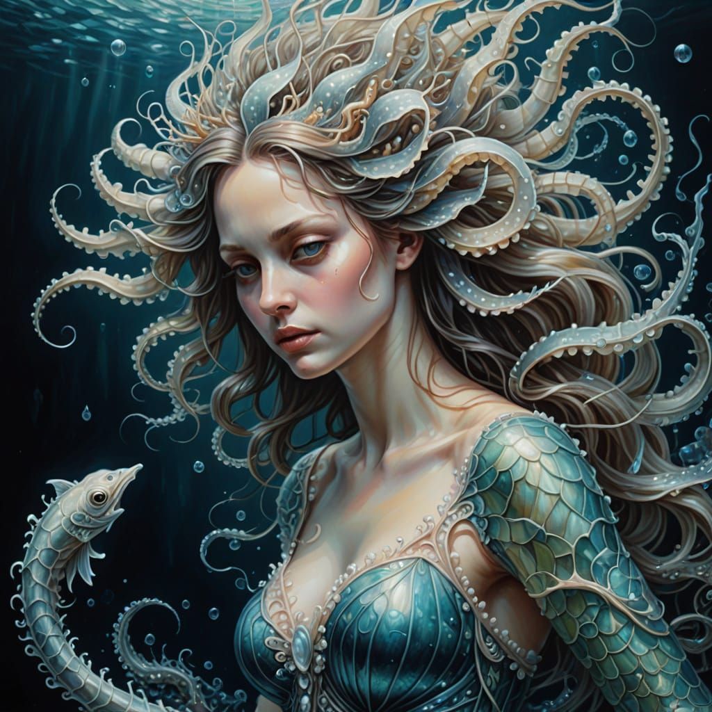 Sea Vampire Pencil Metamorphosis in Surreal Oil Painting Sty...
