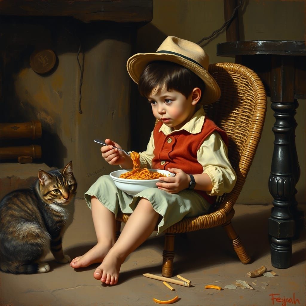 Boy Eating Spaghetti: Impressionistic Rustic Interior