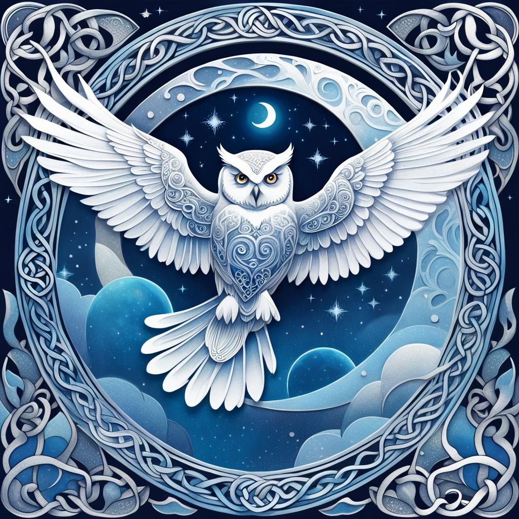 Silver Owl Flight in Celtic Art Nouveau Style