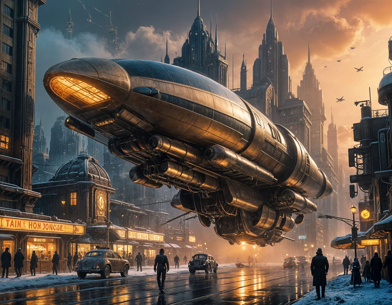 Epic Art Deco Spaceship Amidst Futuristic Metropolis