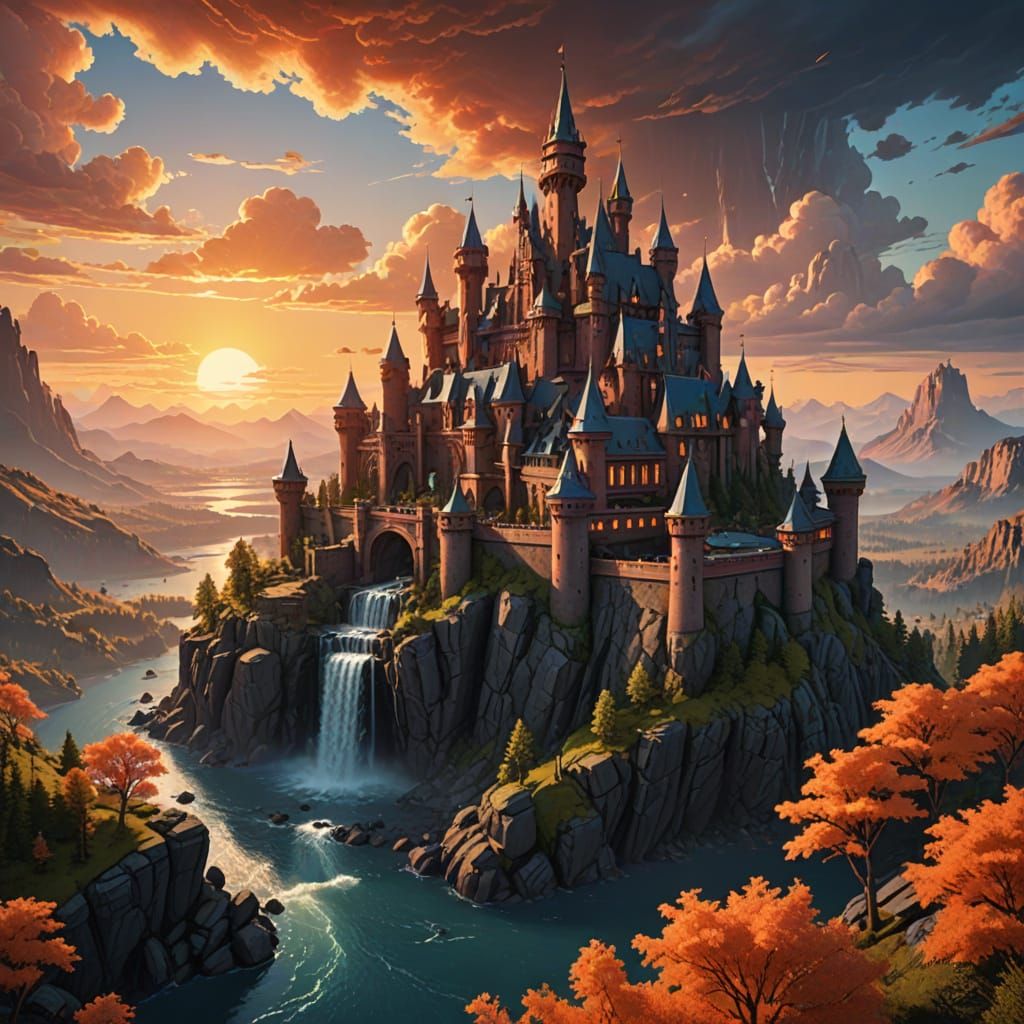 Mystical Kingdom at Sunset in a Fantasy World