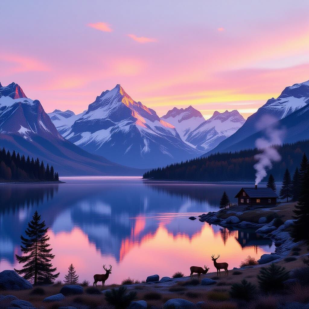 Golden Hour Mountain Landscape with Snow Peaks