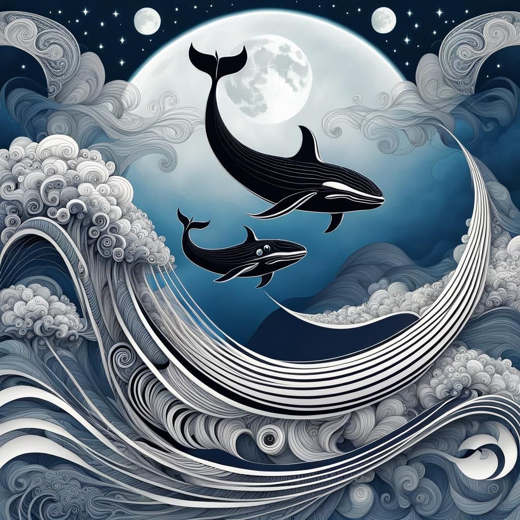 Flying Whales with Moon in Abstract Style