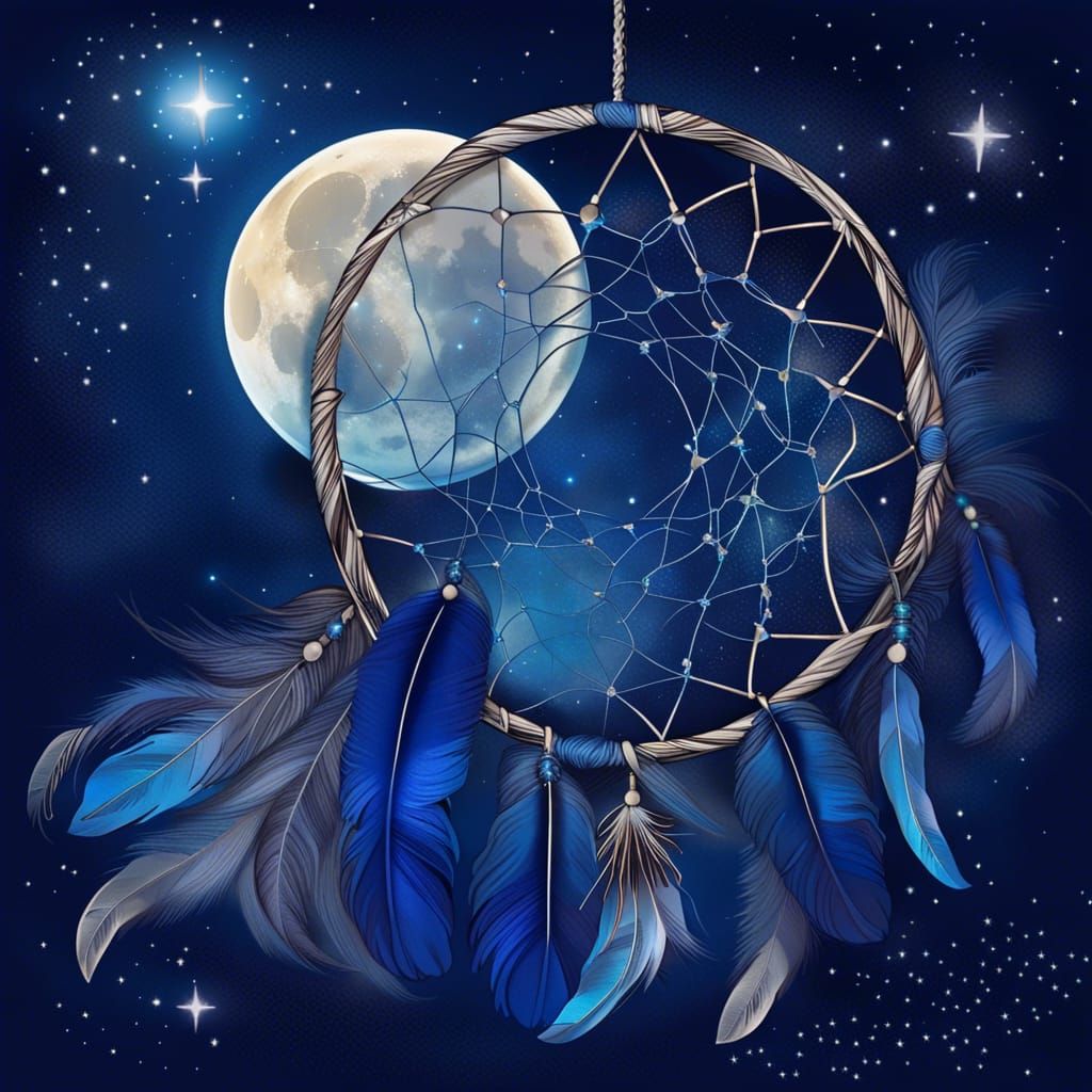 Dream Catcher with Blue Feather Under Moonlit Sky