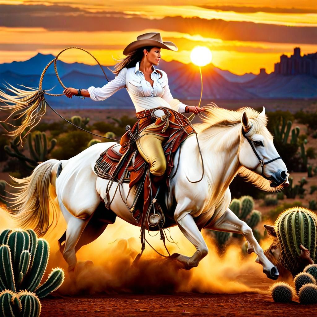 Cowgirl lassoing that white buffalo of rarest specie