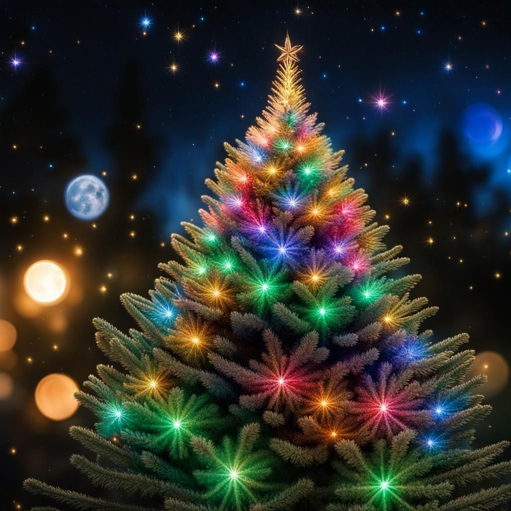Flying Christmas Tree with Multicolored Lights in Winter