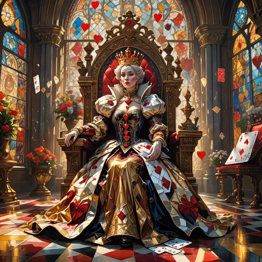 Queen of Hearts in Gothic Hall, Oil Painting