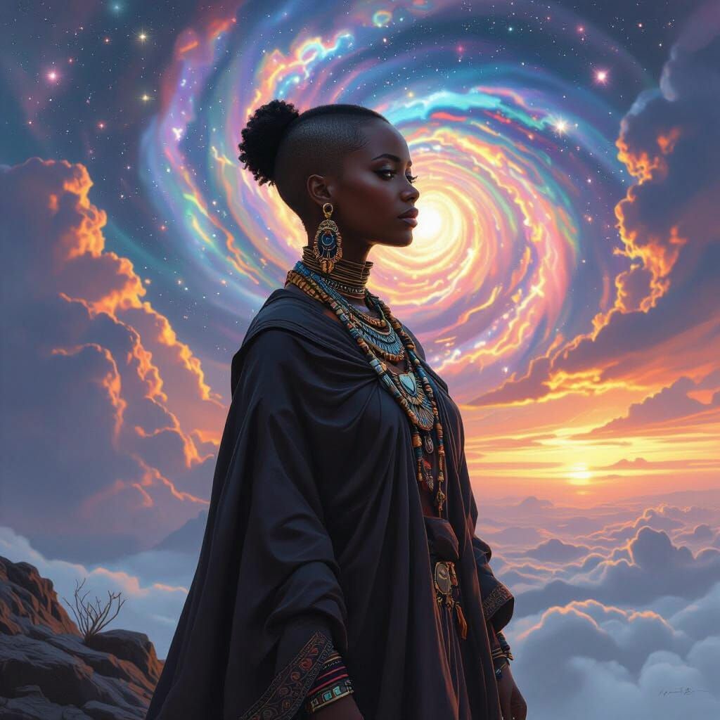 Regal Woman Gazes at Galaxy: Hyperrealistic Digital Painting
