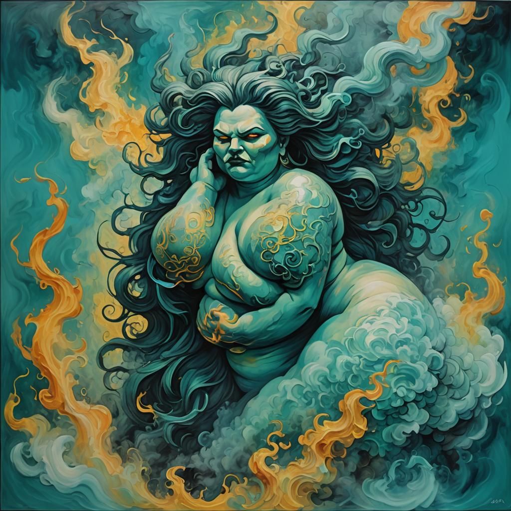 Sensual Demon in Turquoise Smoke: Expressionist Oil Painting