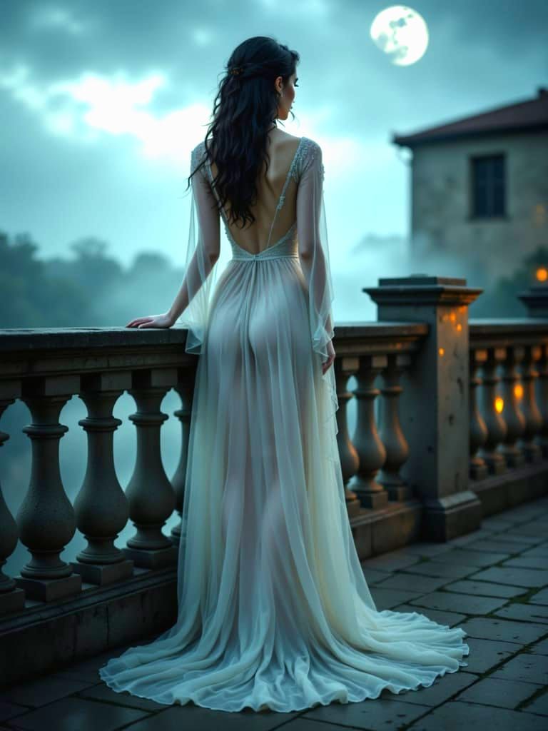 Ethereal Woman on a Balcony at Night