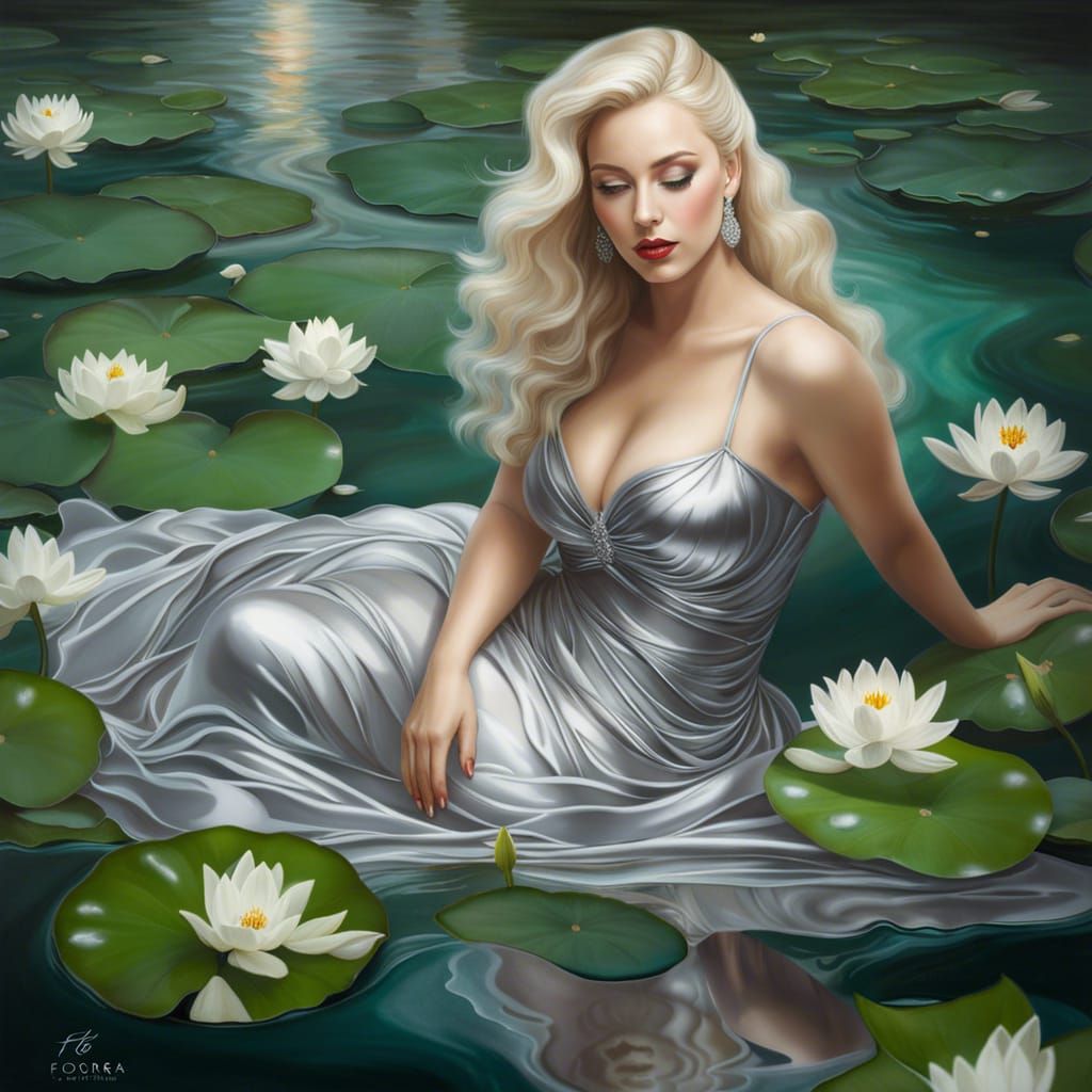 Blonde Beauty by Lotus Pond in Hyperrealistic Style