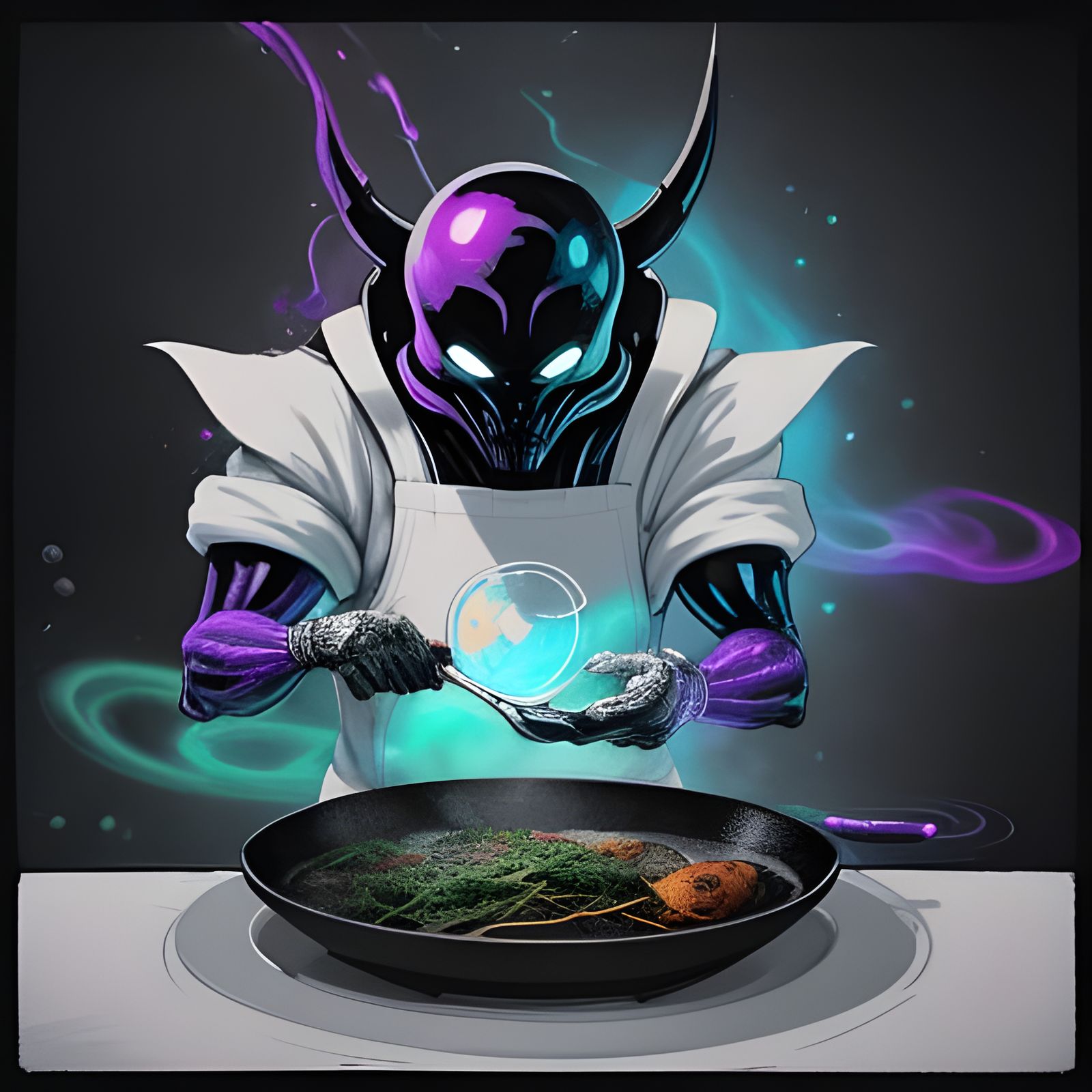 Alien Chef Battles Food in Neon Cyberpunk Kitchen