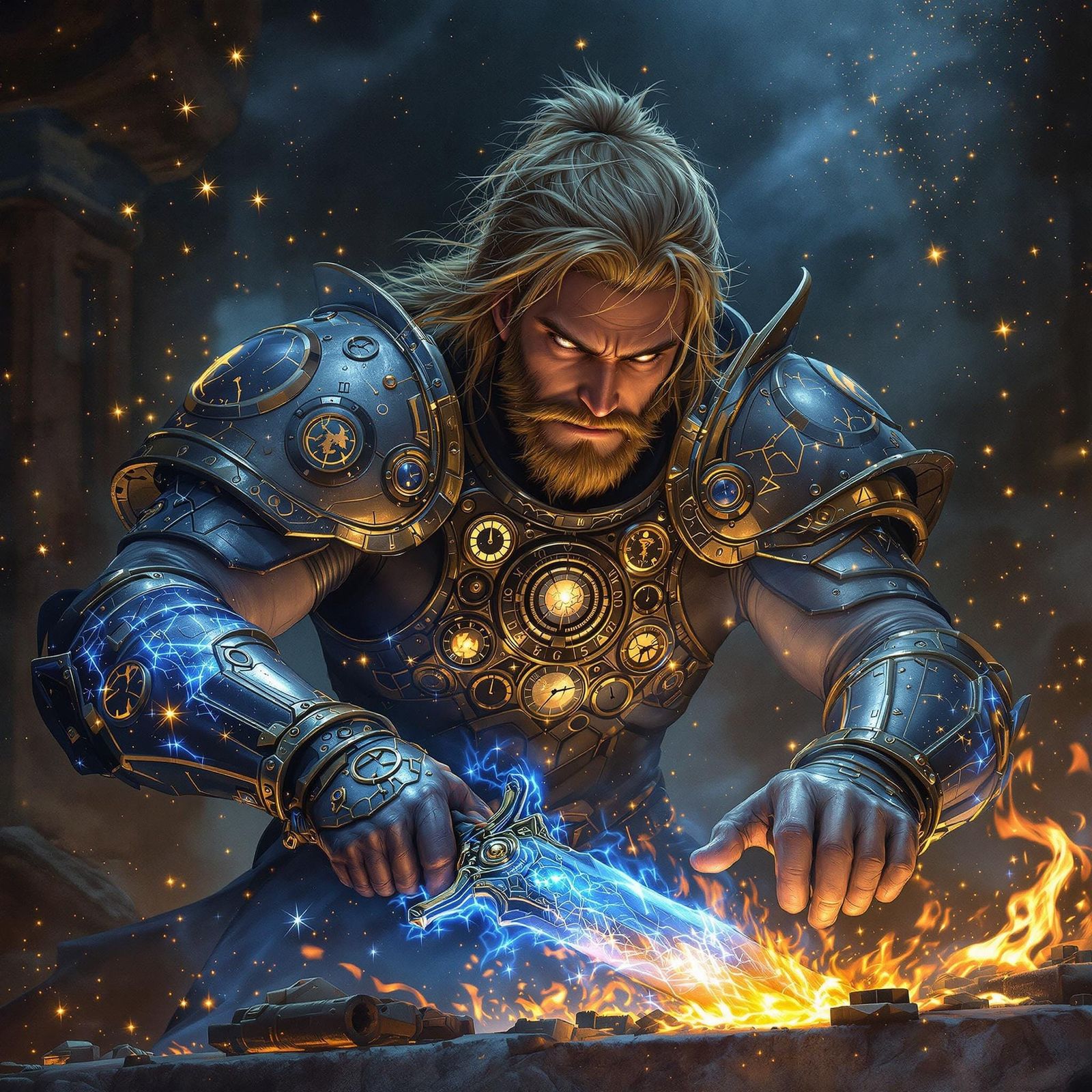 Celestial Blacksmith Forging Starlight Weapon: Hyperrealisti...