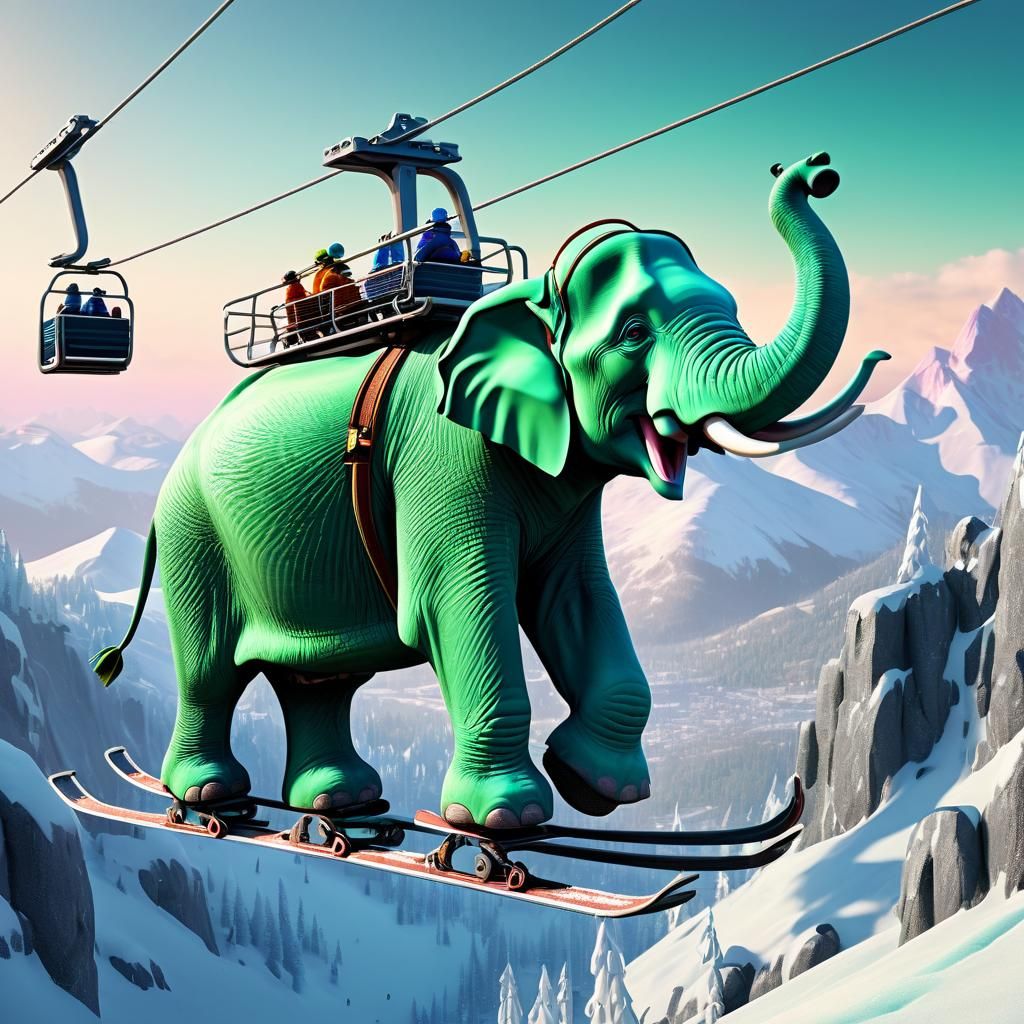 Green Elephant on Ski Lift: 3D Digital Art