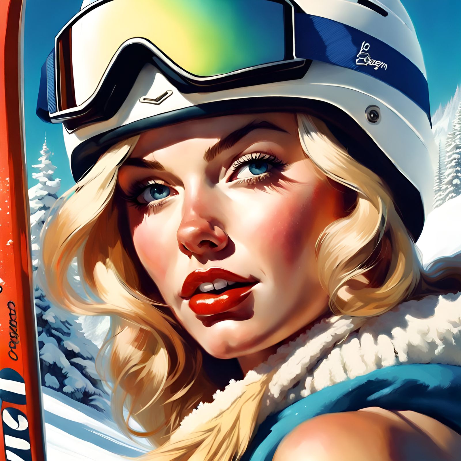 Blonde Skier in Bikini: Digital Pin-Up Portrait