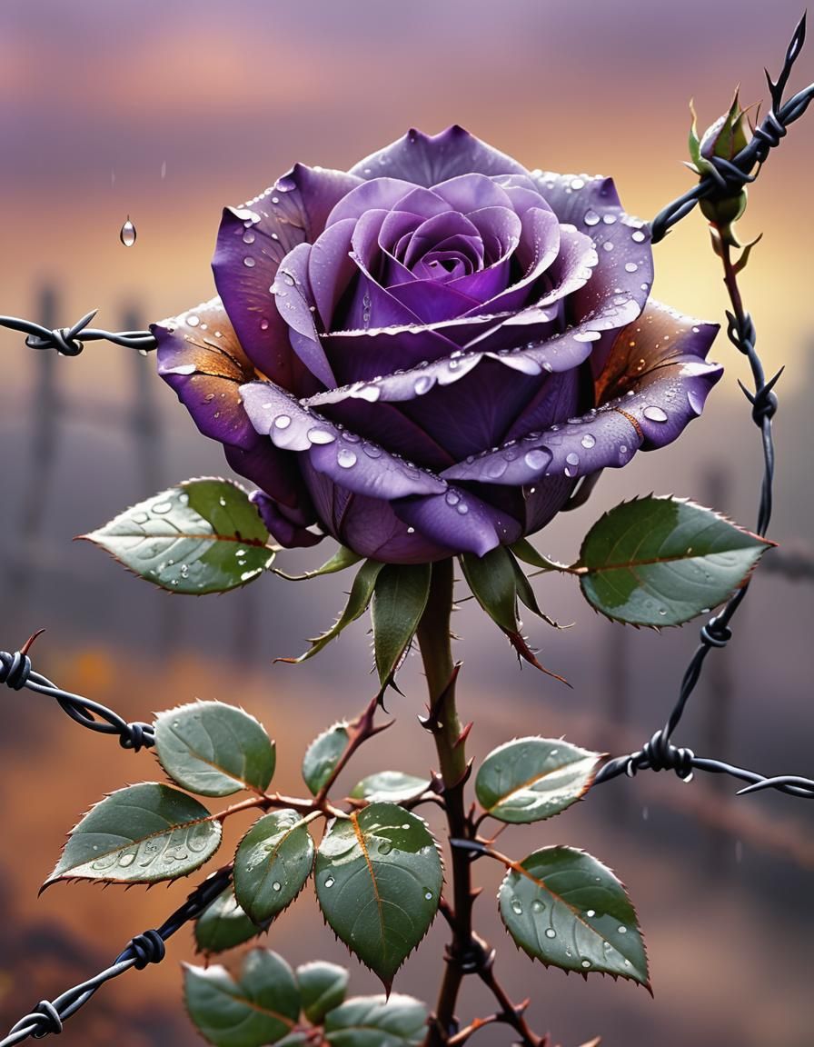 Purple Rose Entwined in Barbed Wire: Digital Art