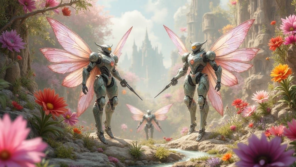 Cybernetic Mecha Fairies in Floral Kingdom, Whimsical Illust...