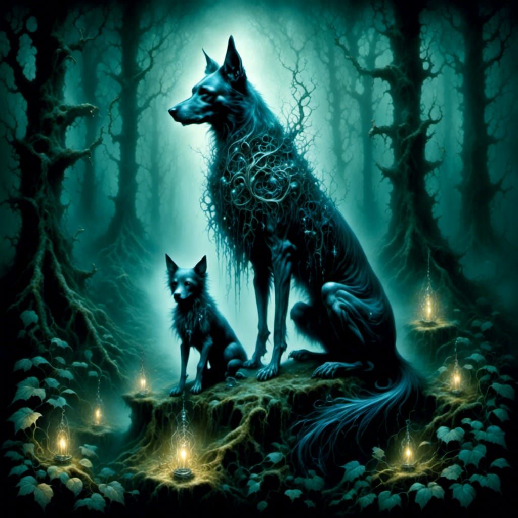 Eerie Spectral Dog in Dark Forest