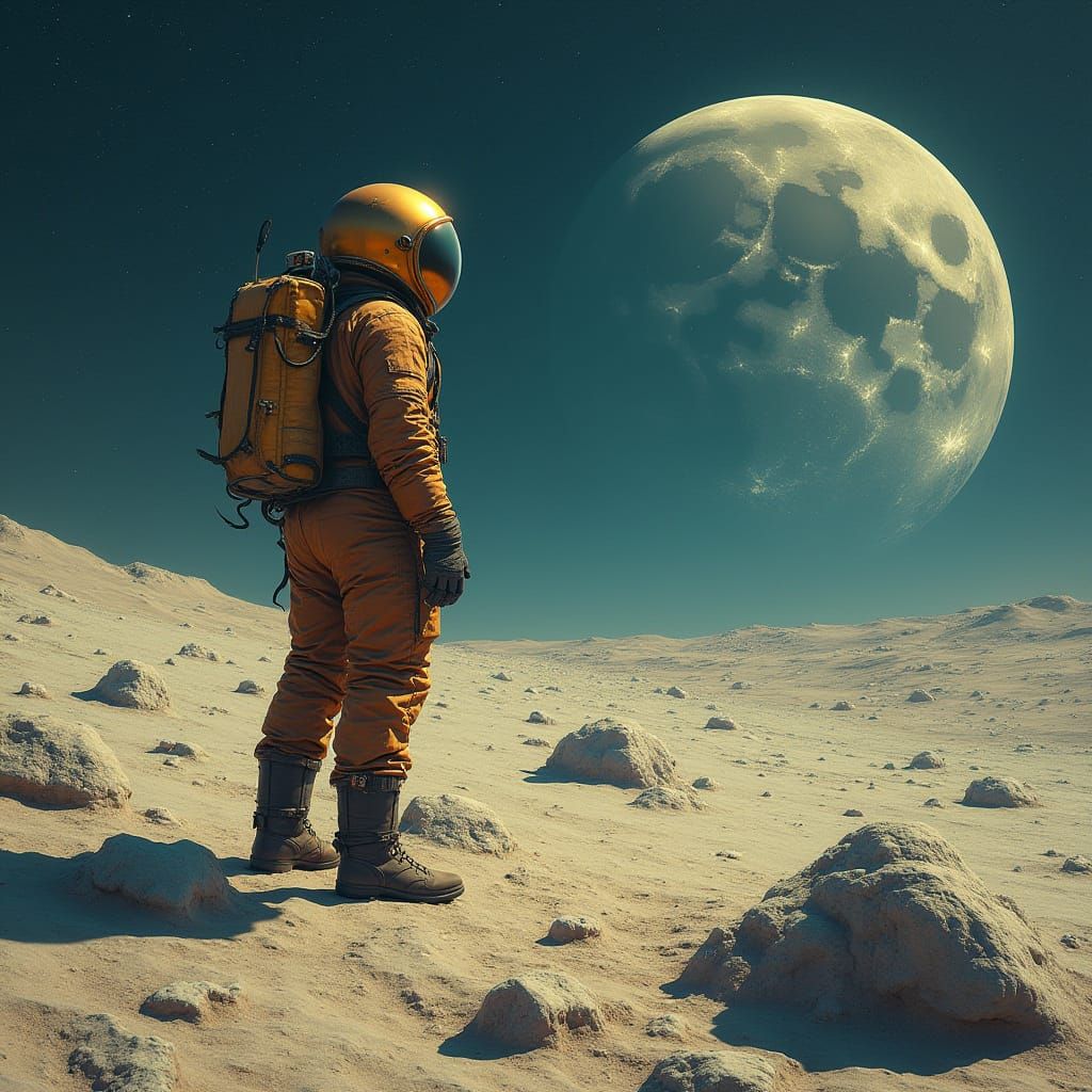 A Man in Earth-Toned Spacesuit Stands on the Rugged Moon Sur...