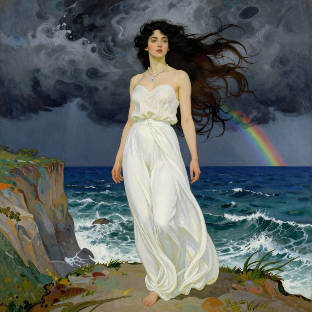 Art Nouveau Woman on Windswept Cliff Overlooking Stormy Sea