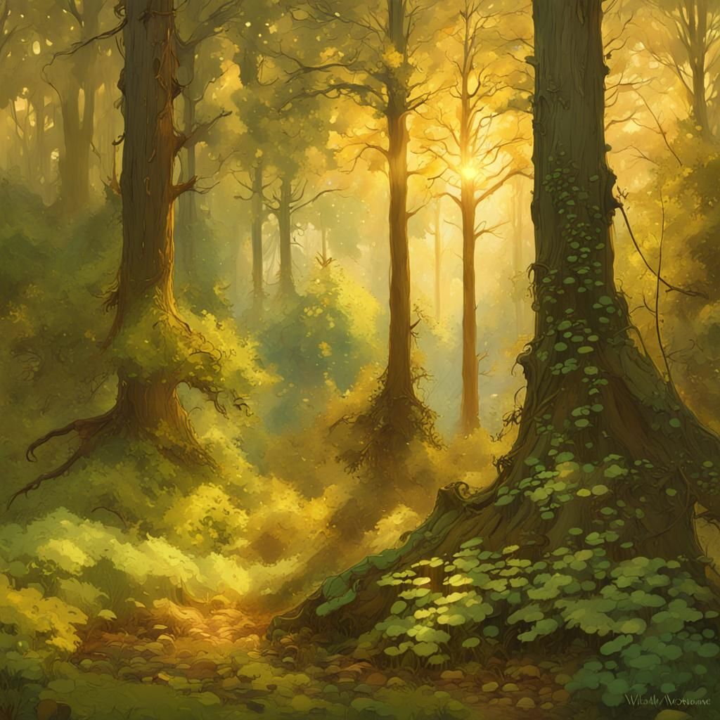 Golden Hour Sunbeams in Enchanted Forest Glade