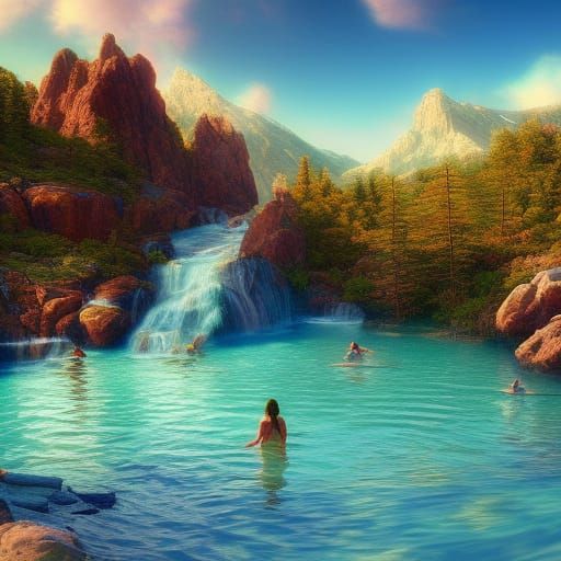 Colorful Secret Mountain Swimming Hole: Photorealistic HD