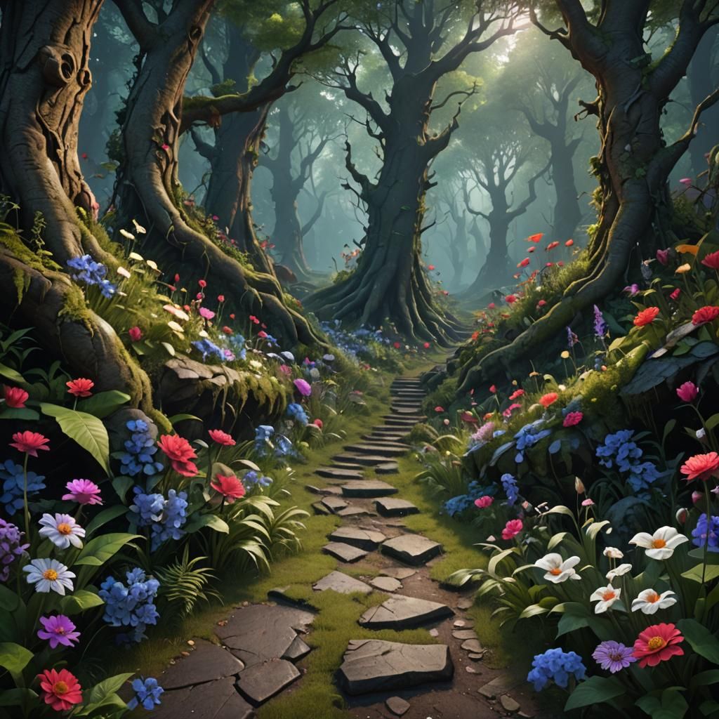 Cracked Forest Path: Flowers and Dark Creatures