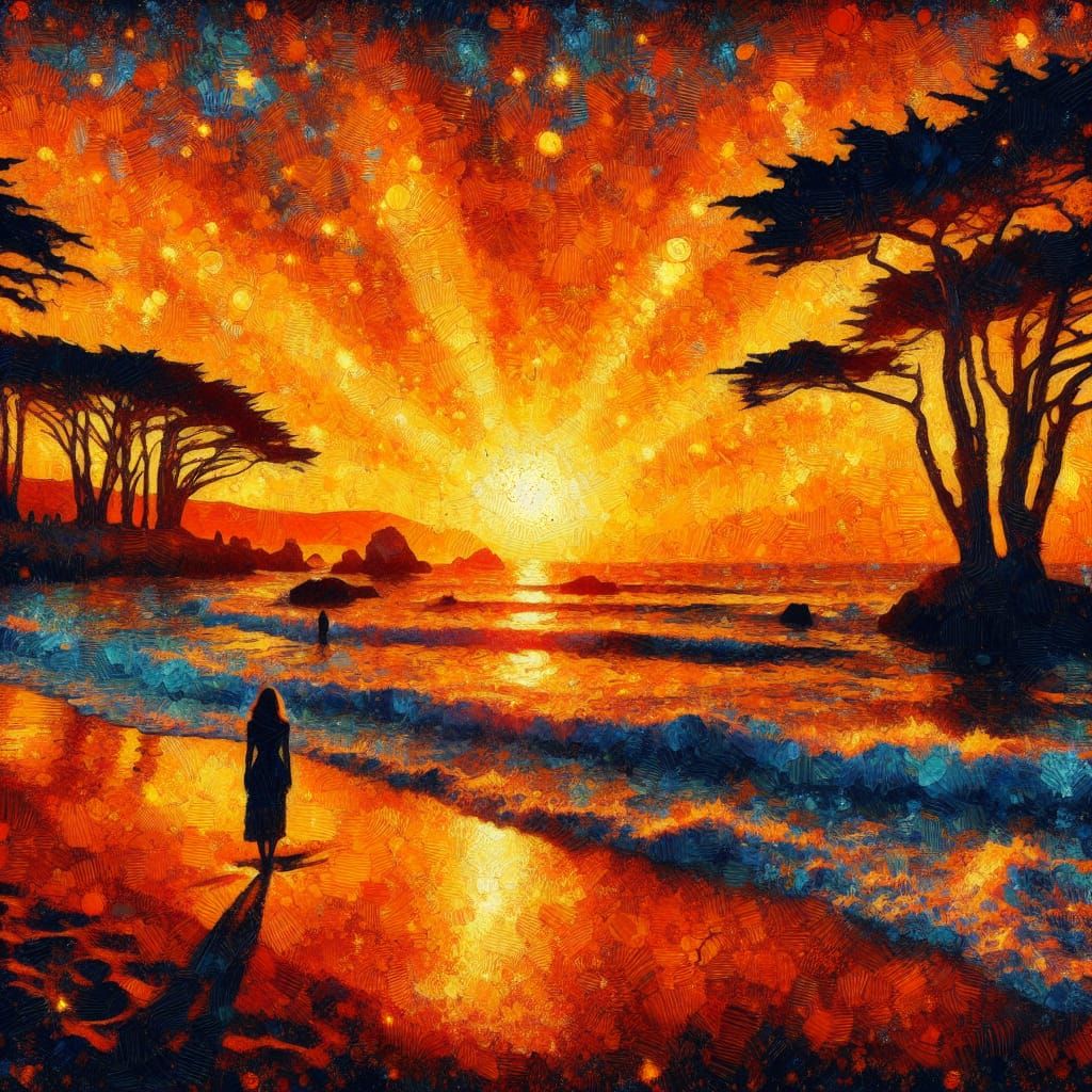 Carmel Beach Sunset Oil Painting Illustration