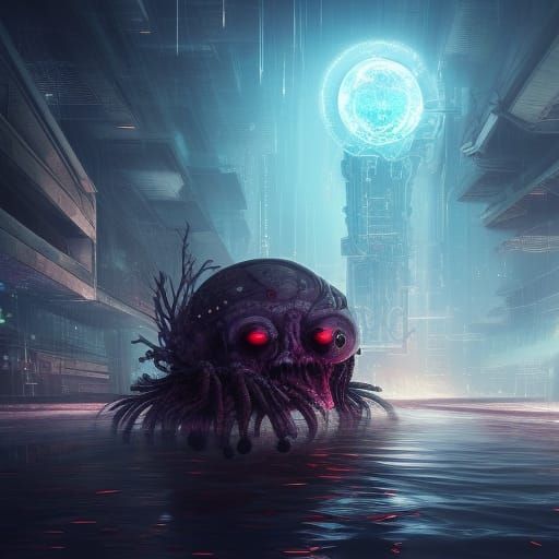 Epic Floating Brain Monster in Cyberpunk Style