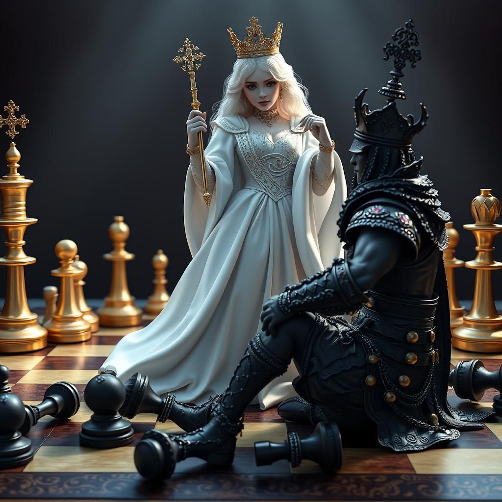 Victorious White Queen Checkmates Black King: 3D Render