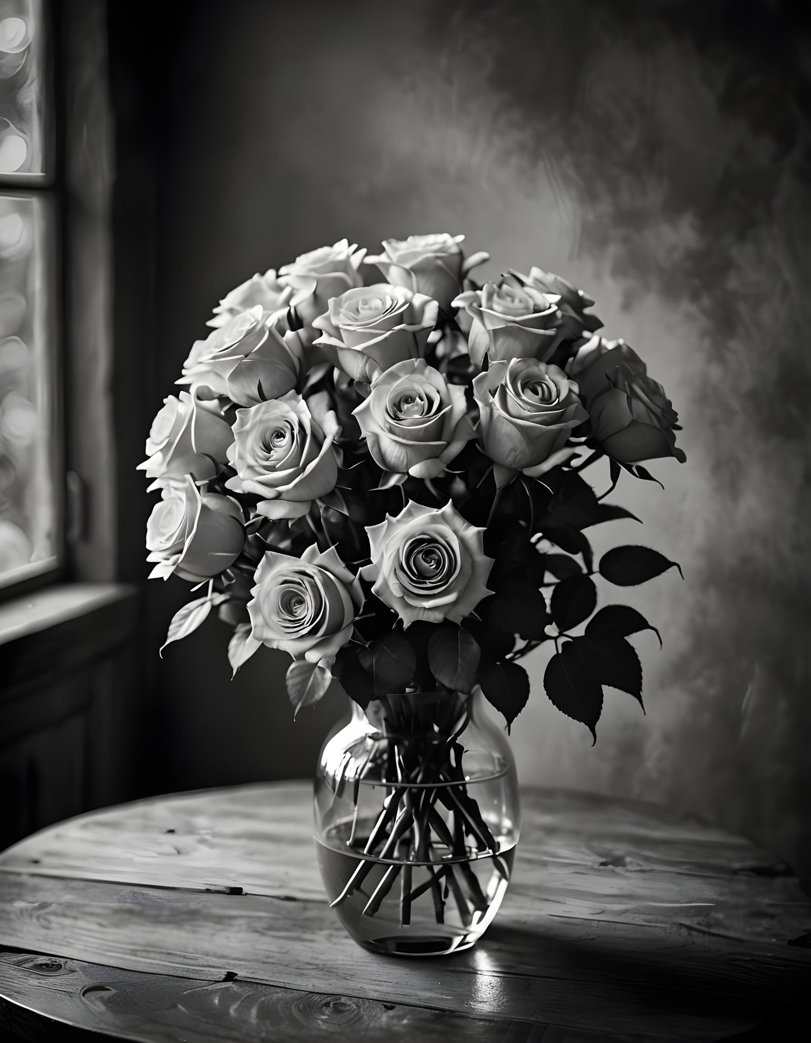 a bouquet of roses in a vase on a empy table photographed in...