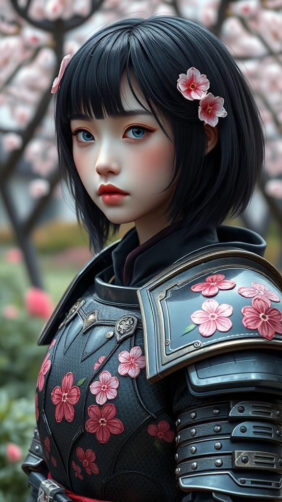 Cyberpunk Samurai Girl in Japanese Garden