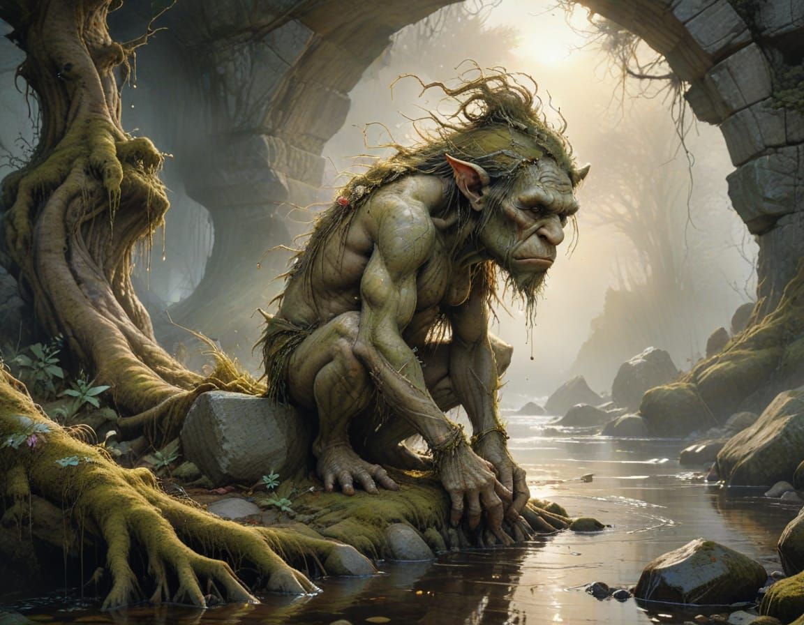Moss Troll Under Bridge, Photorealism, John Bauer Style