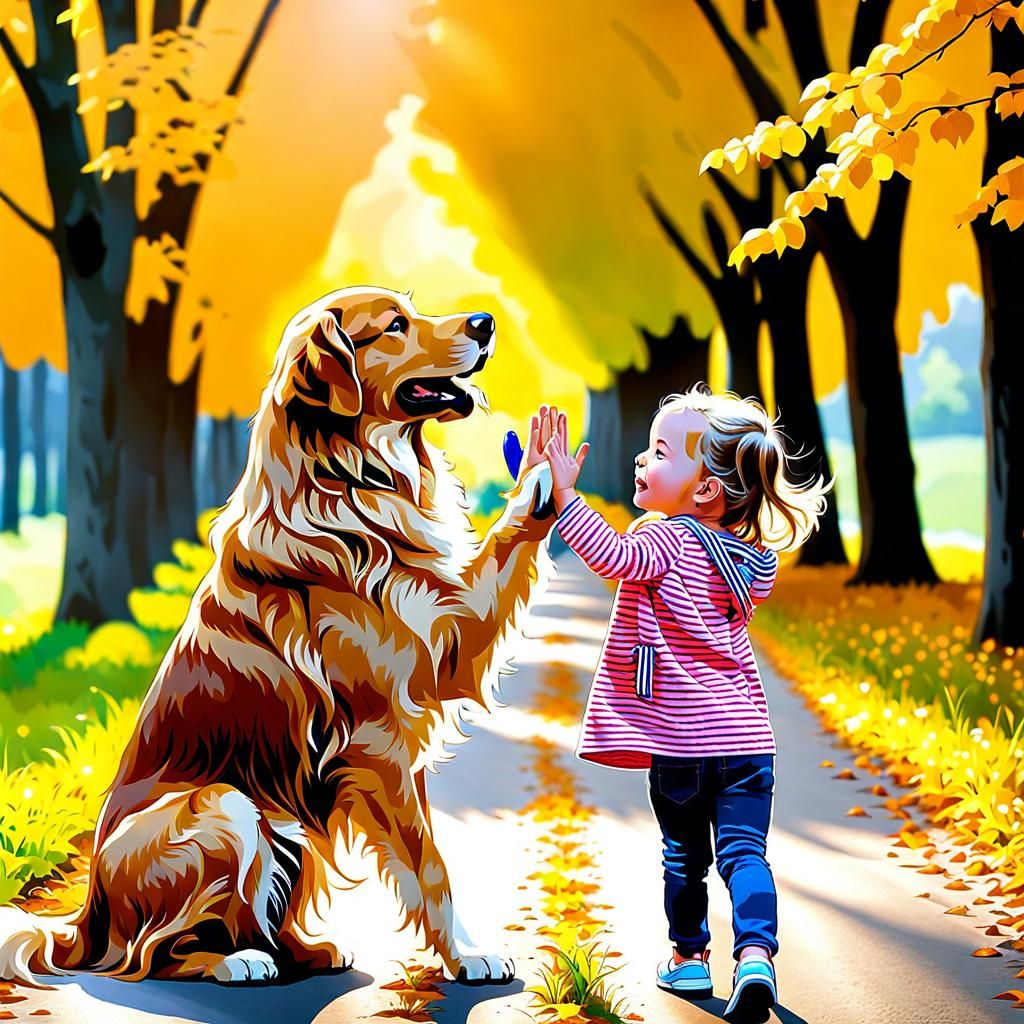 Girl High-Fiving Golden Retriever Companion