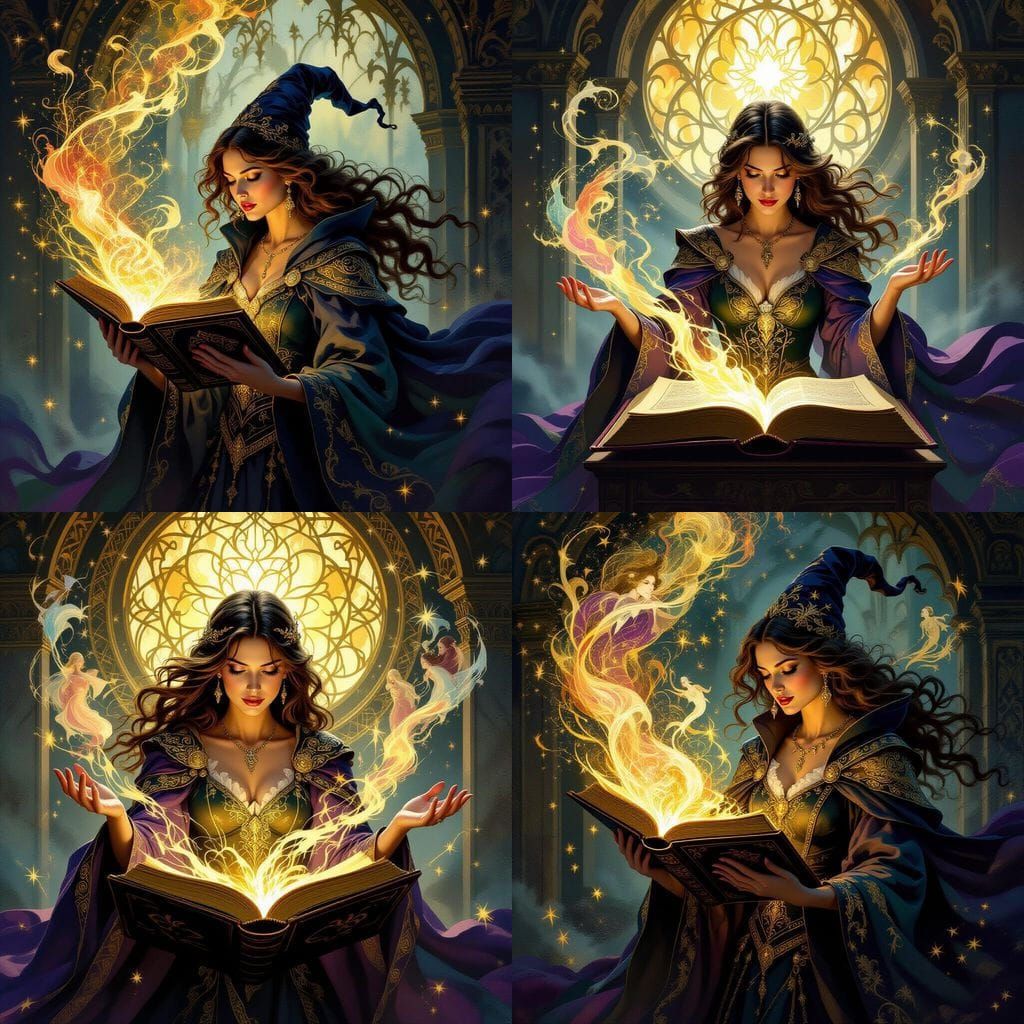 Sorceress Conjures Tales from Ancient Tome in Painterly Styl...